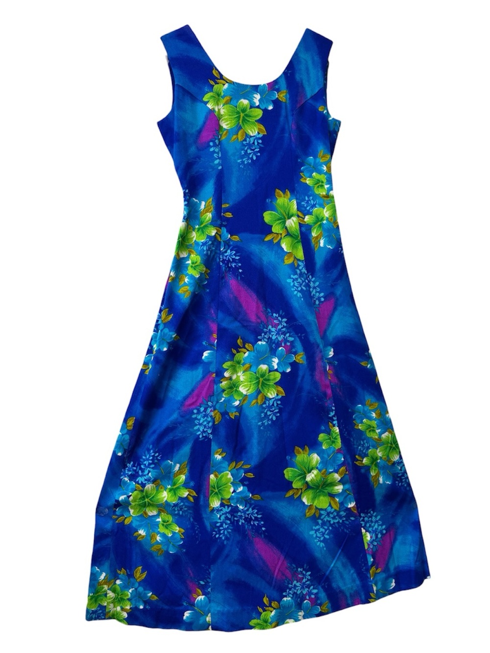 Vintage Hawaiian Blue Floral Sleeveless Maxi Dress Hukilau Honolulu